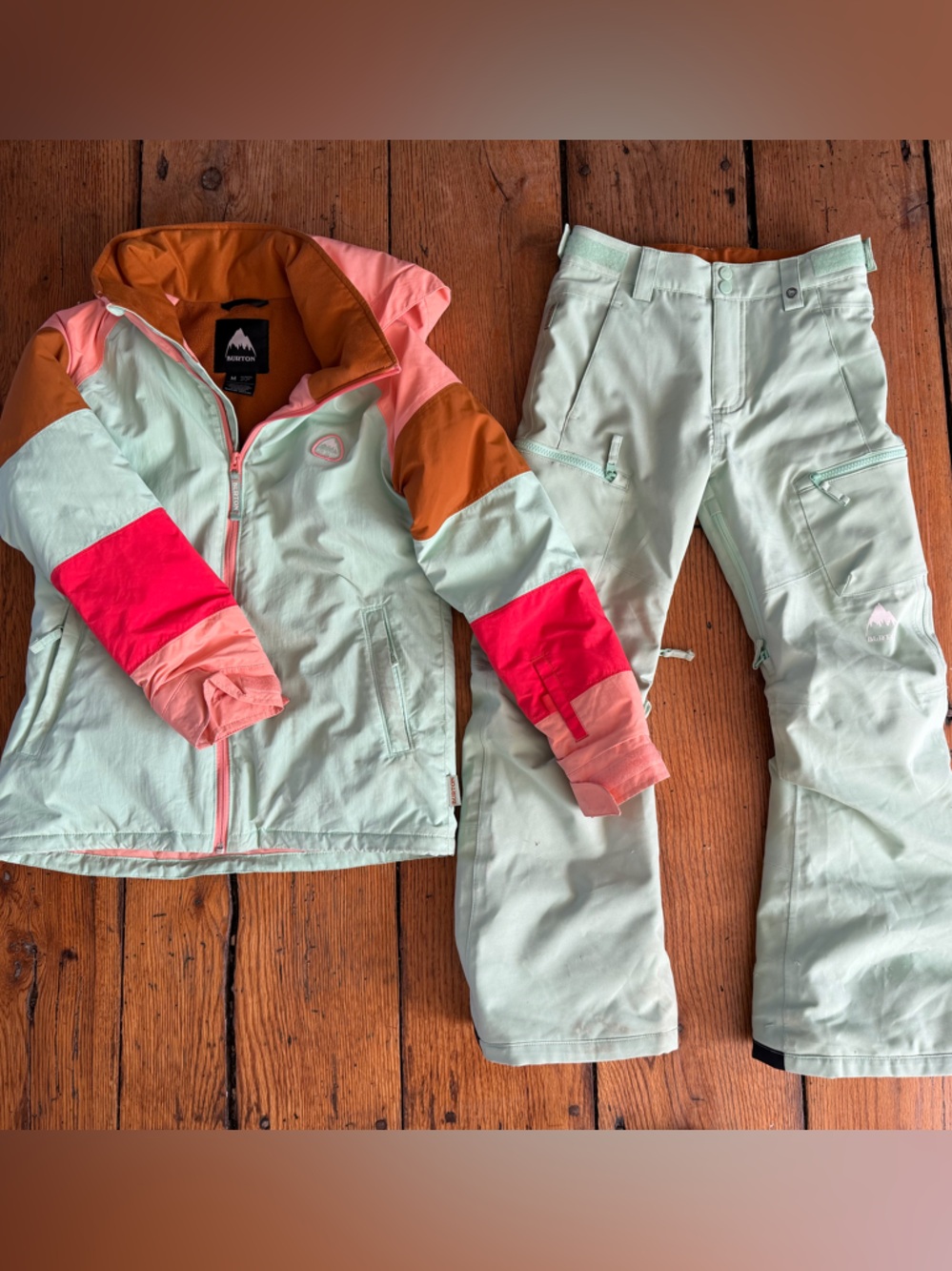 Burton Mint Green Snow Jacket & Pants Set  with Pink and Rust Accents